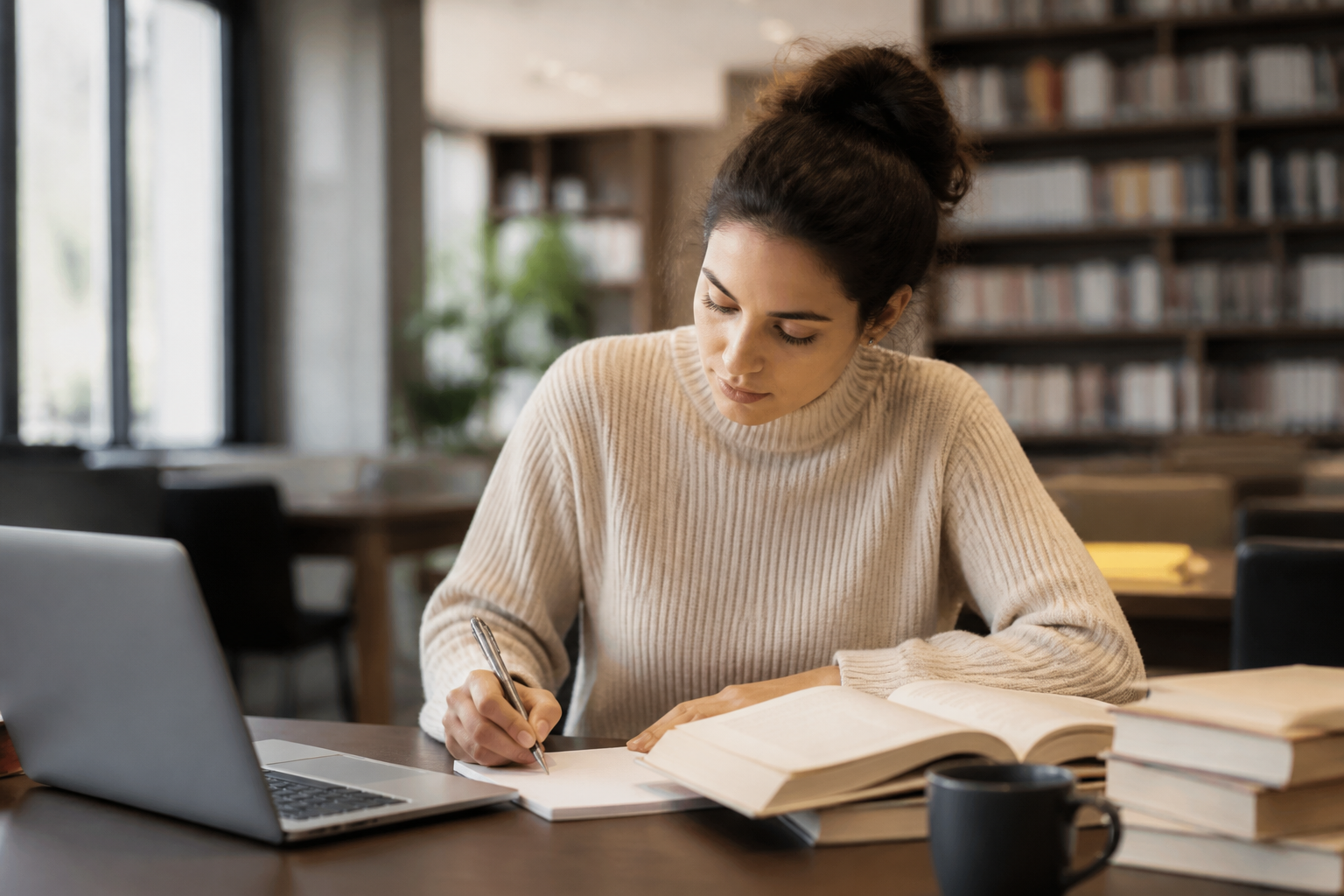 A learner reading and writing in a contemporary library setting