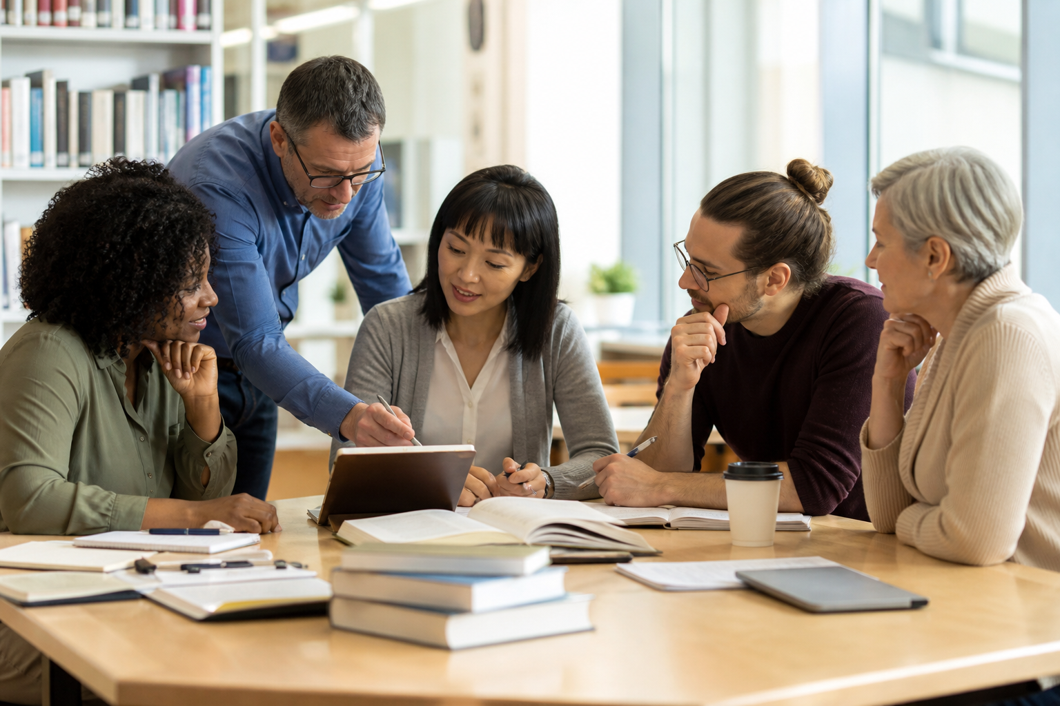 Educators and learners collaborating in a bright, modern workspace